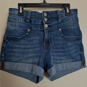 High-waisted blue denim shorts